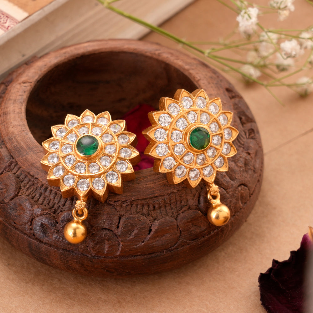 Sunflower Design Emerald Golden Ball Earring