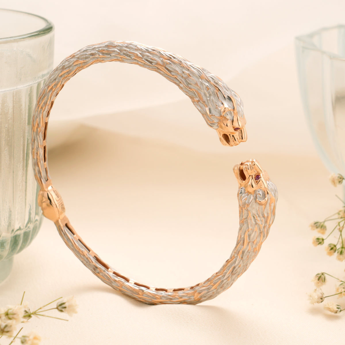 Dual Tone Panther Head Open Cuff Kada