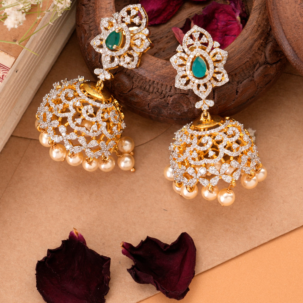 Leaf Emerald Swarovski Pearl Drops Jhumkas
