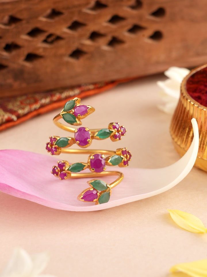 Spiral Gold Ring with Emerald and Ruby