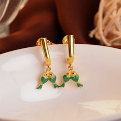 Gold Bird Charm Huggie Earrings with Green Enamel