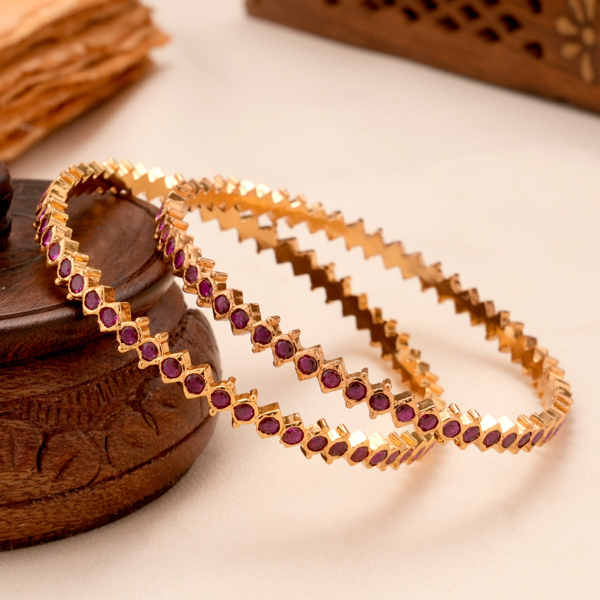 Radiant Ruby Kemp Stone Golden Bangles