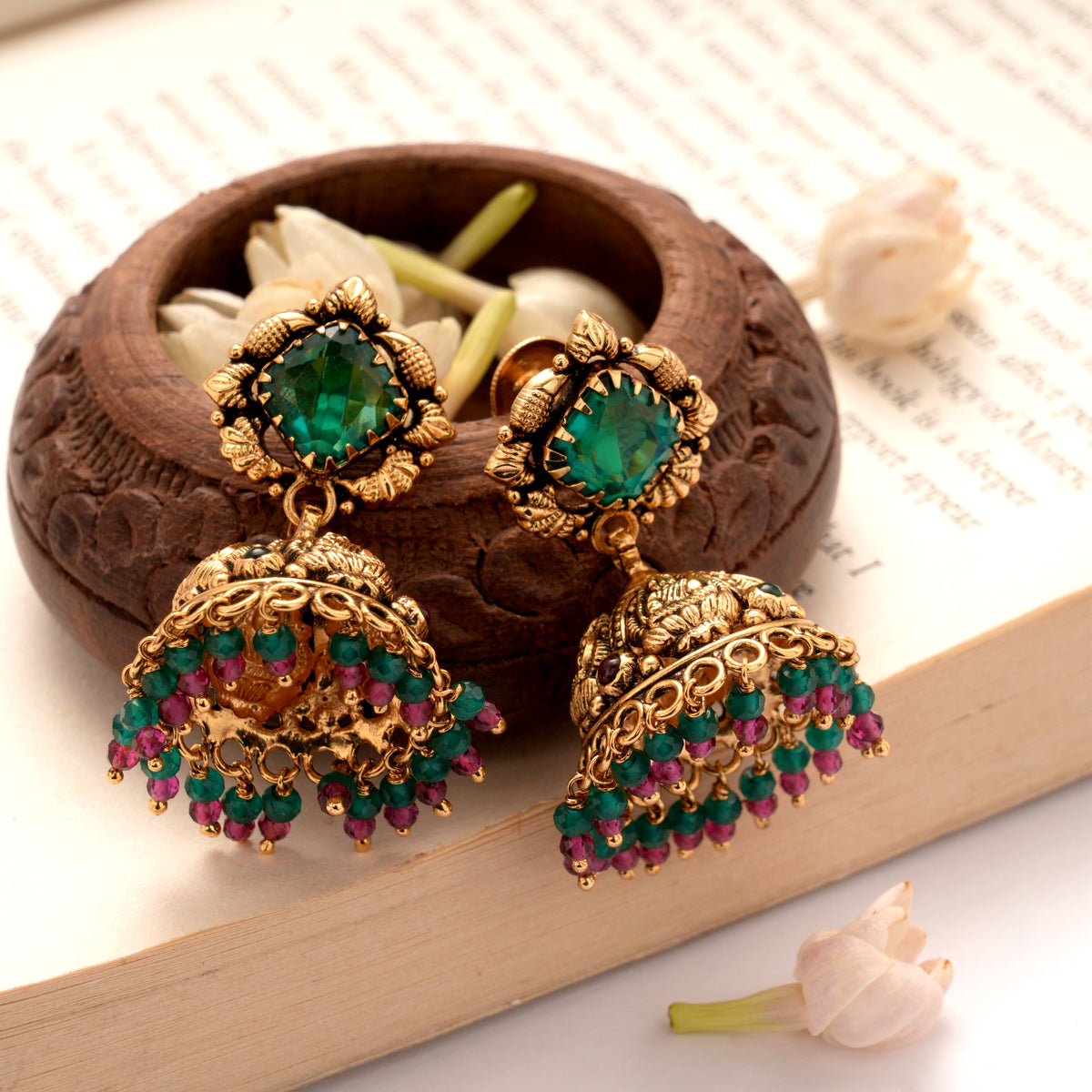 Elegant Emerald Stone Colourful Beads Golden Jhumkas