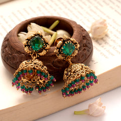 Elegant Emerald Stone Colourful Beads Golden Jhumkas