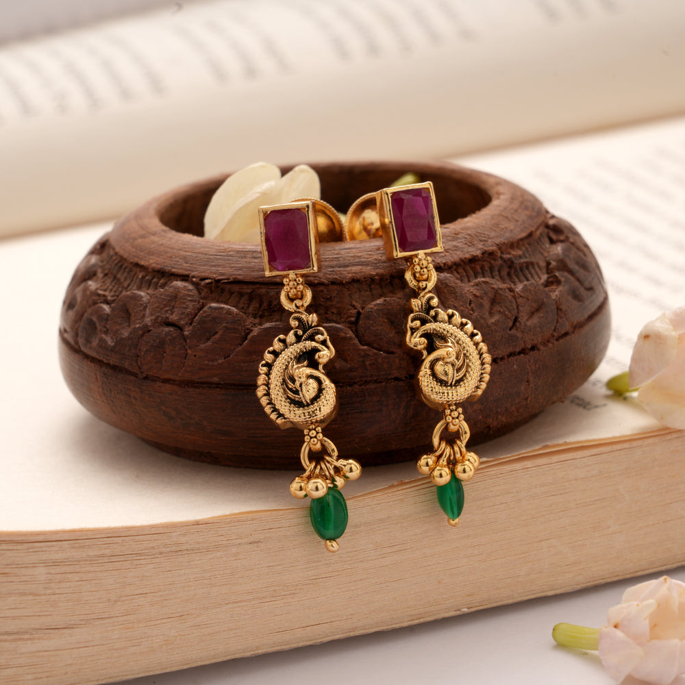 Antique Ruby with Peacock Drops Golden Earrings