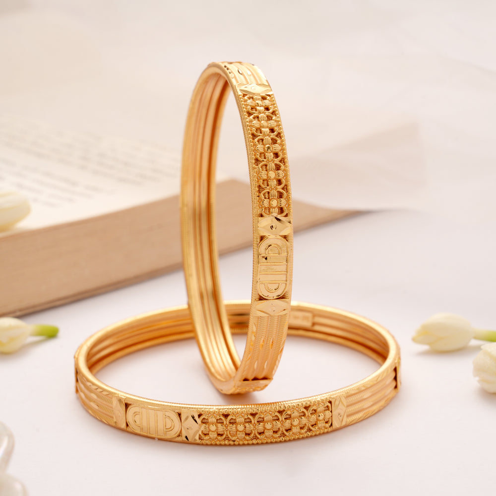 Intricate Floral Design Golden Bangles
