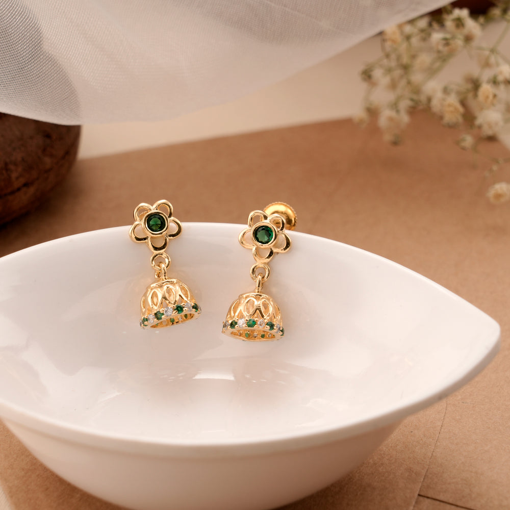 Floral Crown with Green Stone Golden Jhumkas