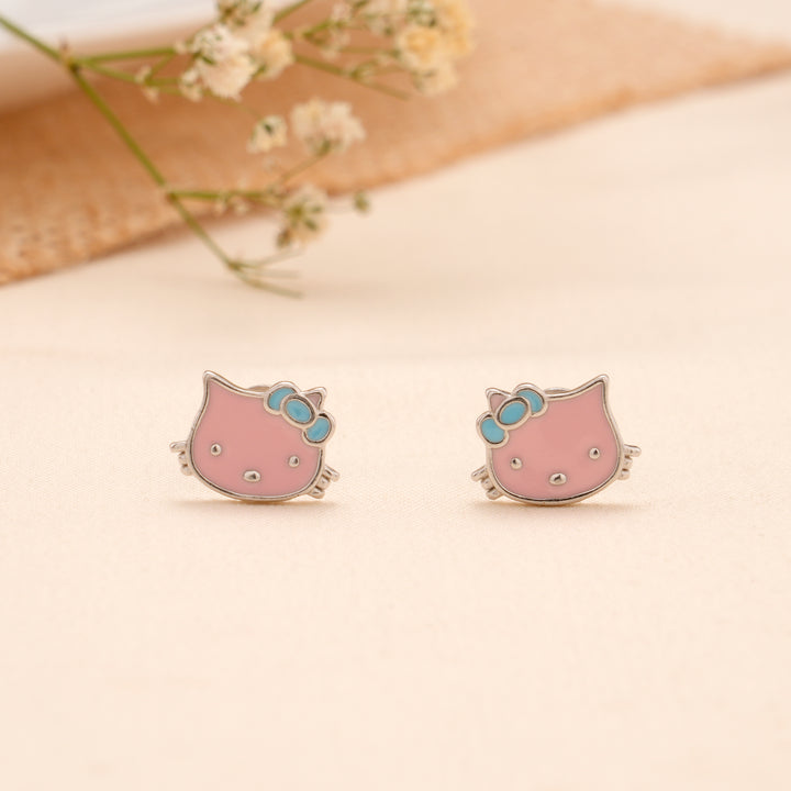 Pink Kitty Face Enamel Silver Stud