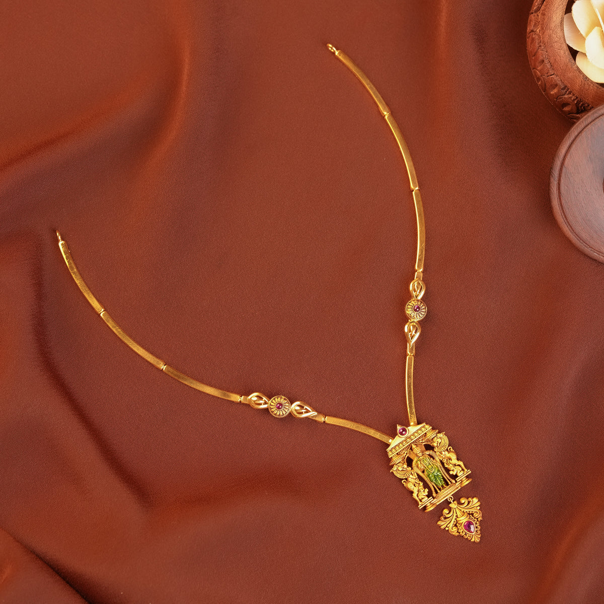 Gold Temple Jewellery Necklace with Ruby-Colour Stones
