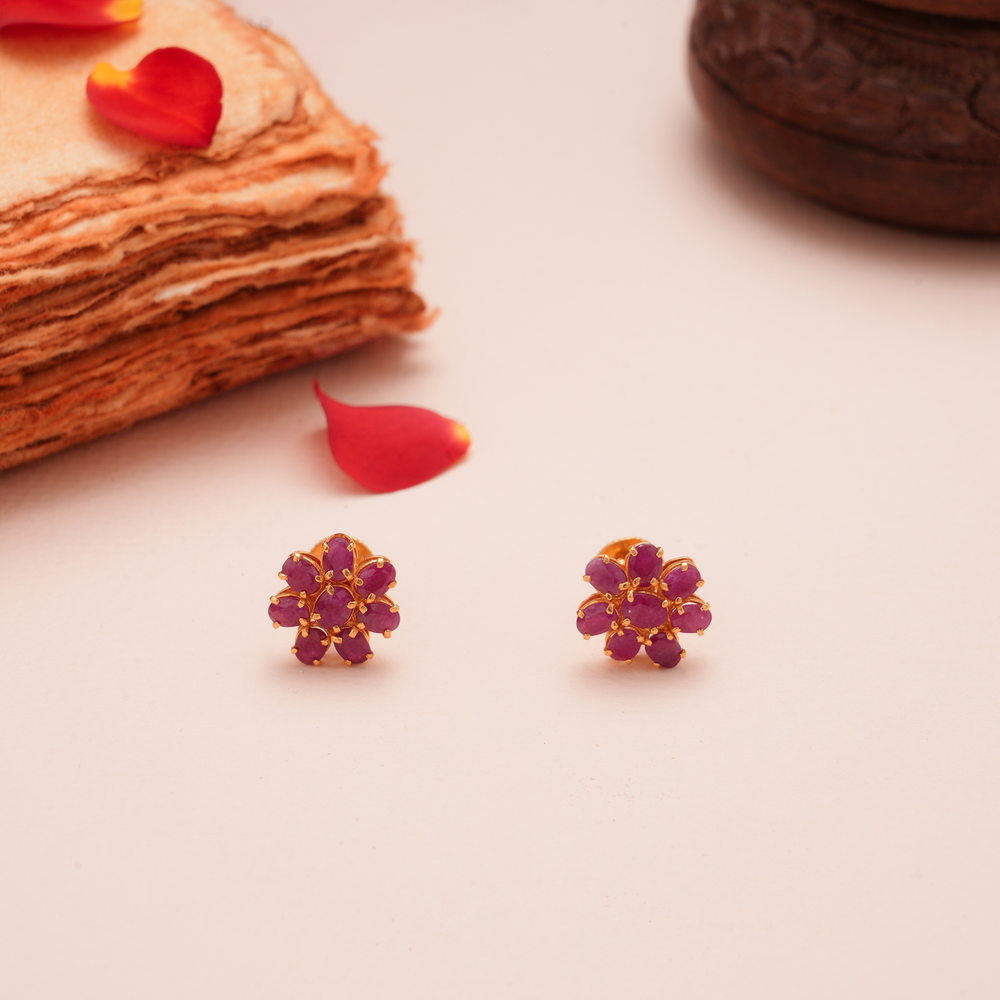 Ruby Floral Cluster Gold Stud