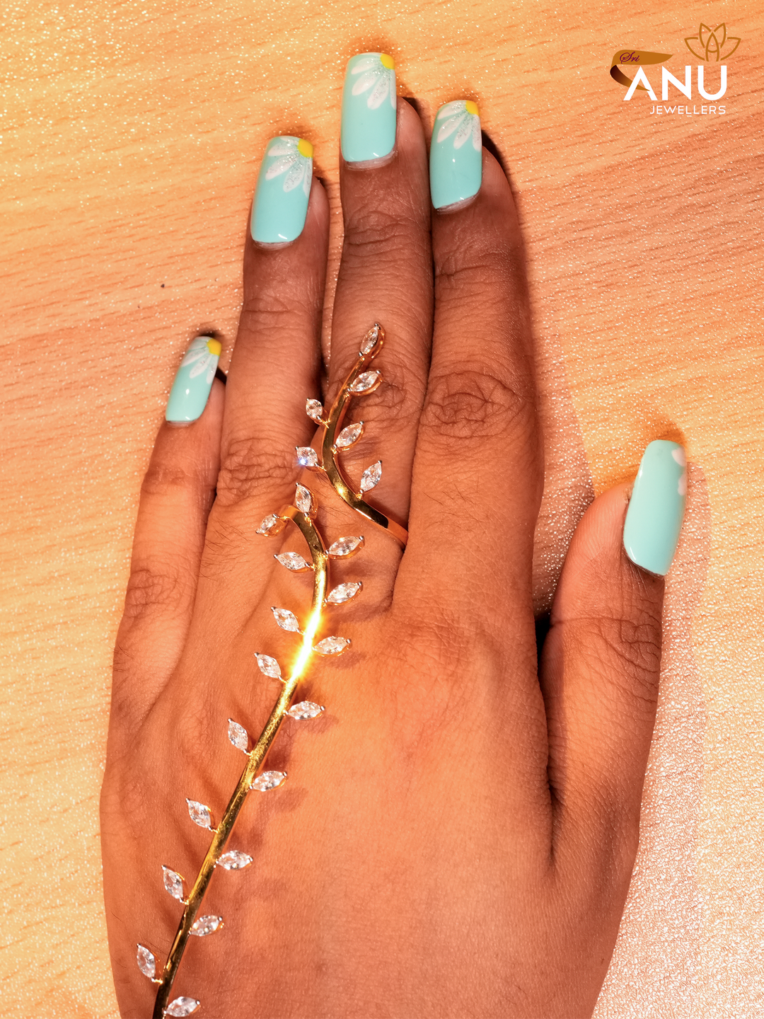 Leaf Vine Swarovski finger to wrist Ring