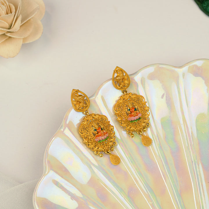 Lakshmi Floral Drop Temple Gold Earring