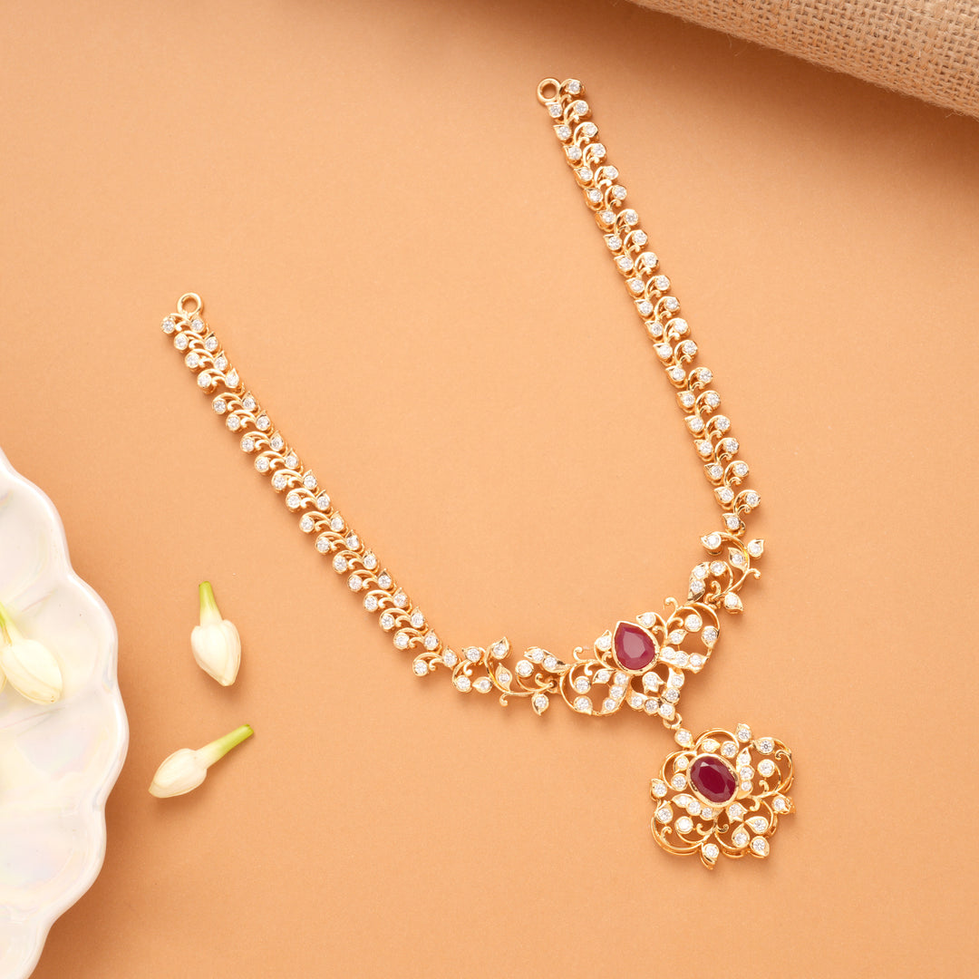 Traditional Ruby Tear Drop Floral Golden Necklace