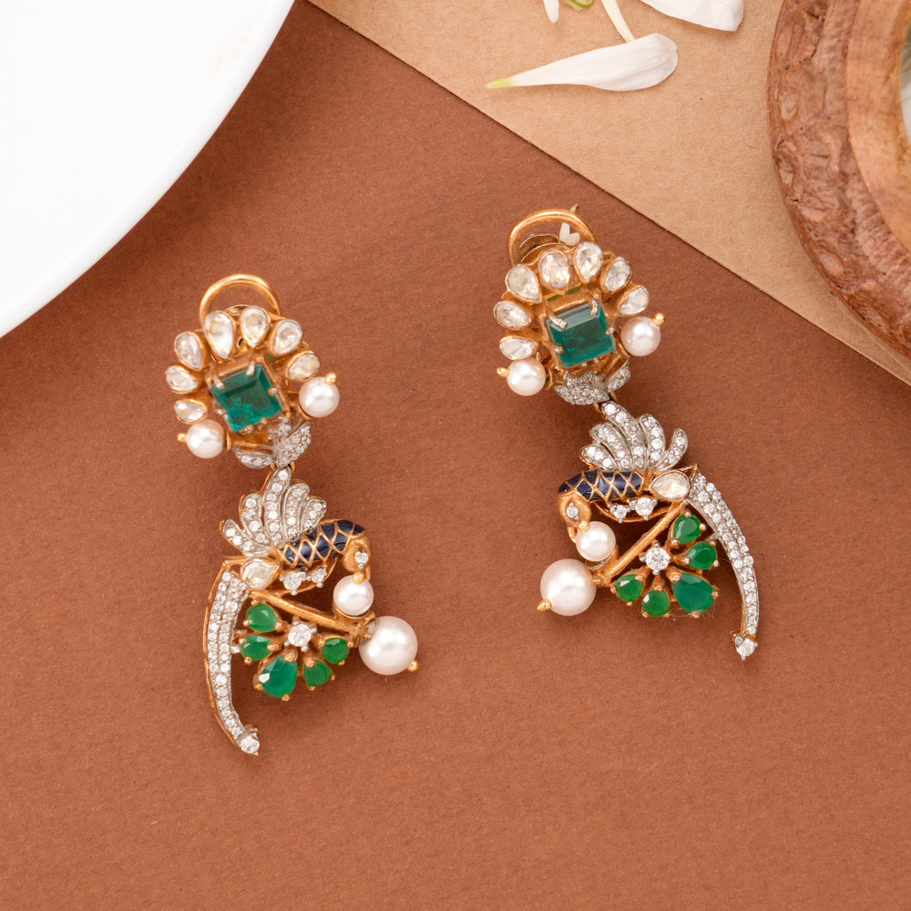 Modern Peacock with Halo Emerald Earring