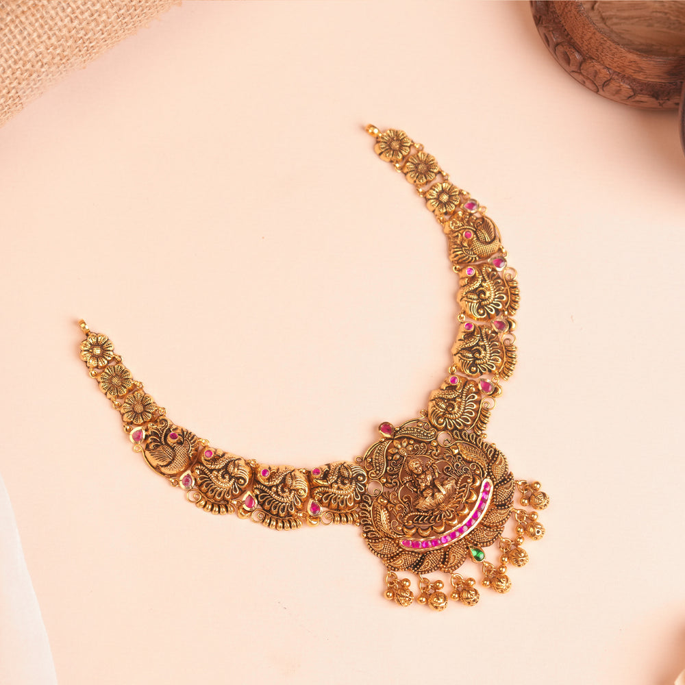 Gold Antique Lakshmi Temple Necklace with Peacock Link Chain