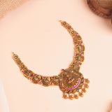 Gold Antique Lakshmi Temple Necklace with Peacock Link Chain