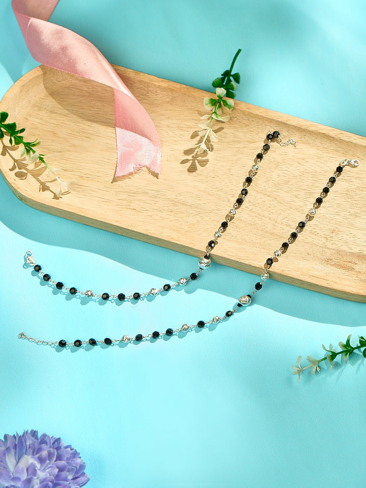 Silver and Black Beads Pattern Anklet