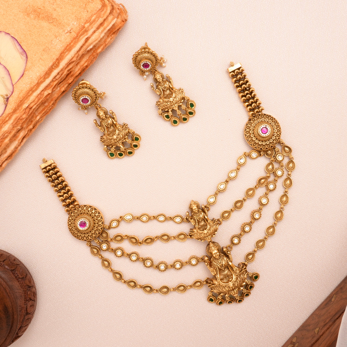 Antique Layered Golden Lakshmi Pendant Necklace Set