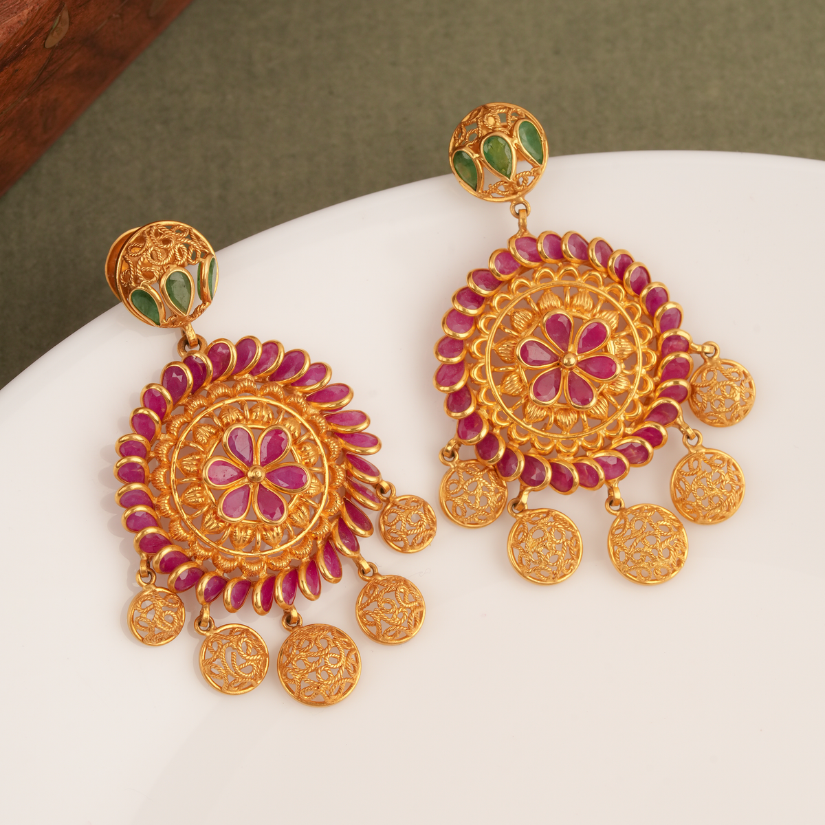 Traditional Floral Ruby Stone Gold Dangle Earrings