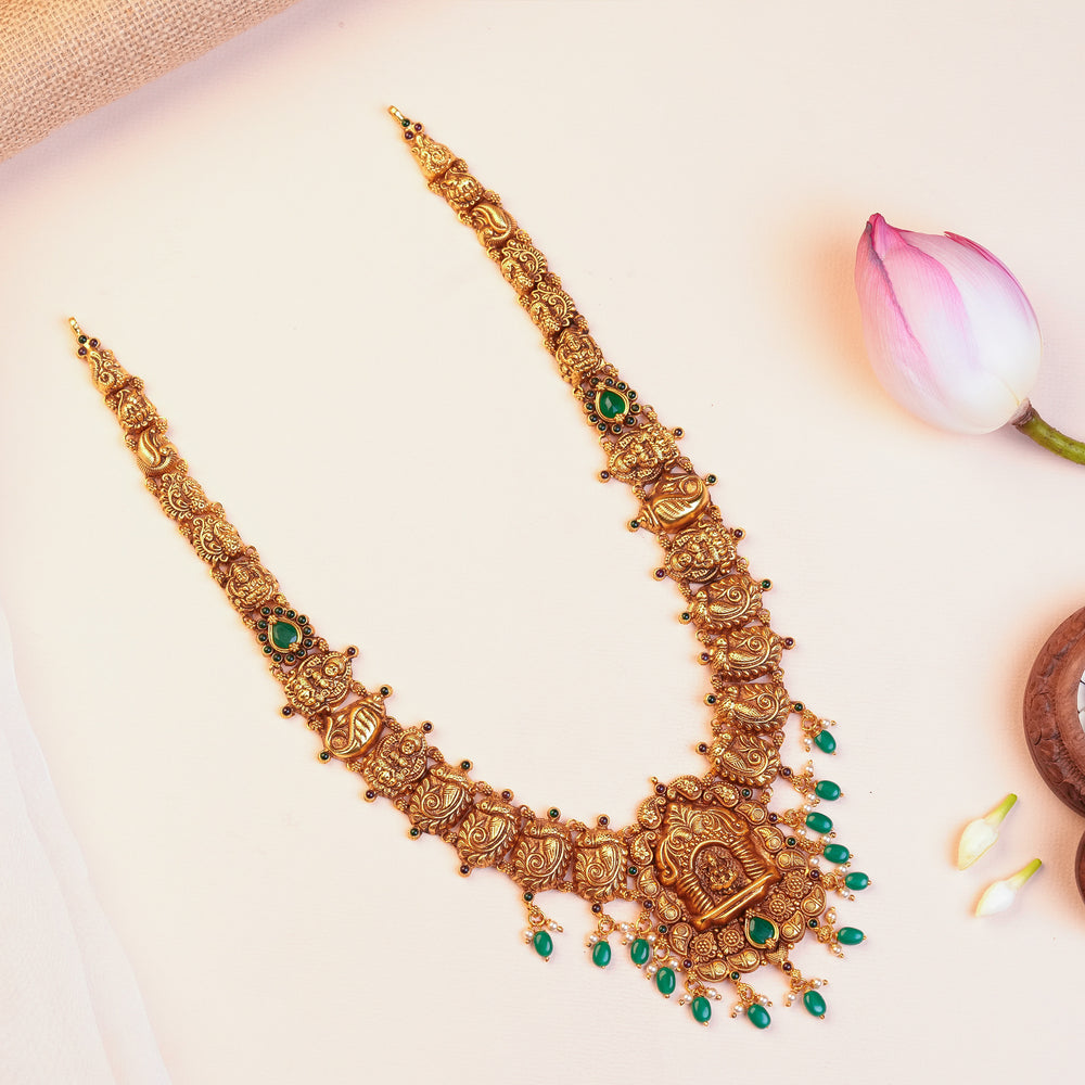 Silver Lakshmi Temple Haram with Green Stones and Pearl Drops