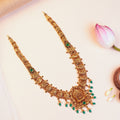 Silver Lakshmi Temple Haram with Green Stones and Pearl Drops