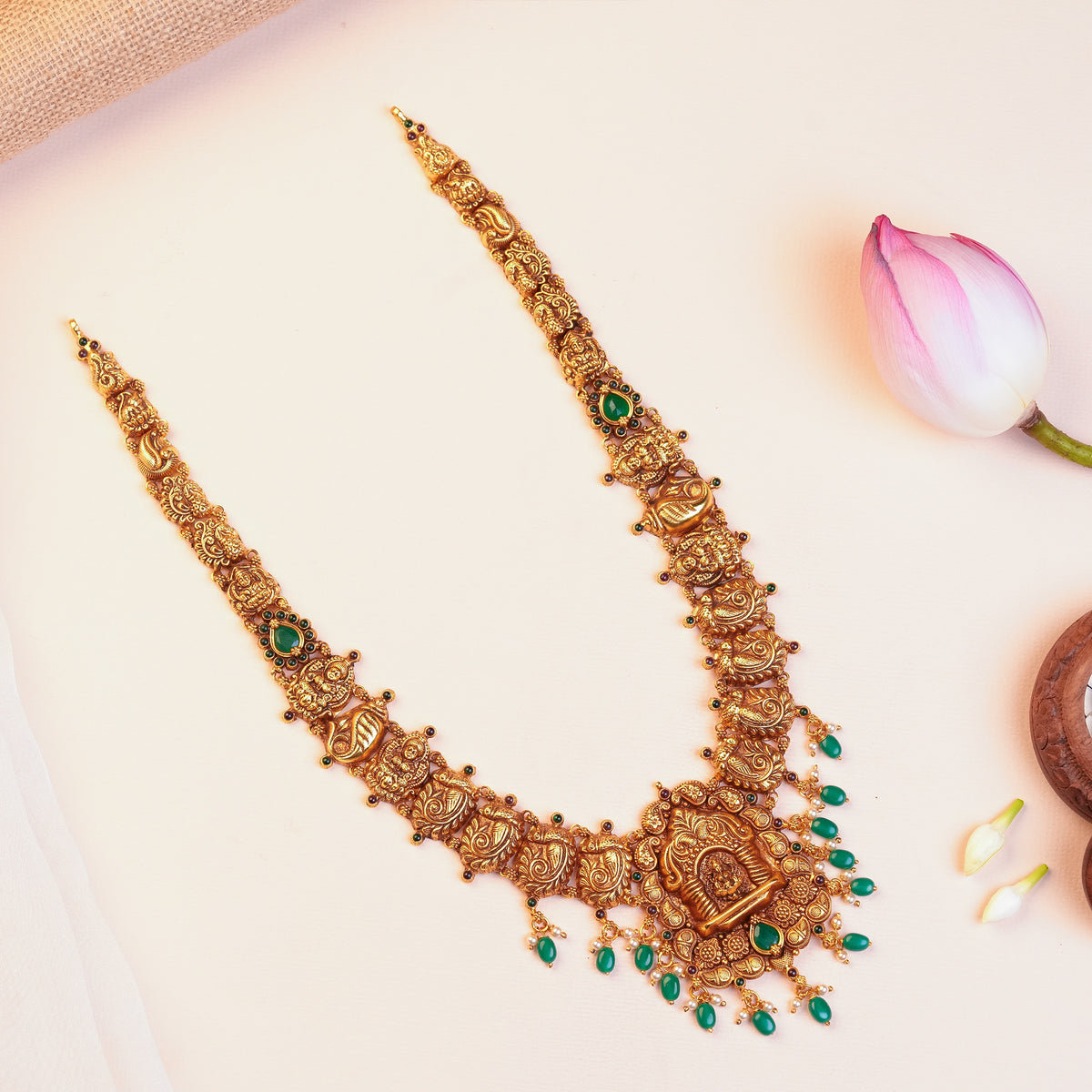 Silver Lakshmi Temple Haram with Green Stones and Pearl Drops