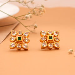 Traditional Square Green Kundan Golden Studs