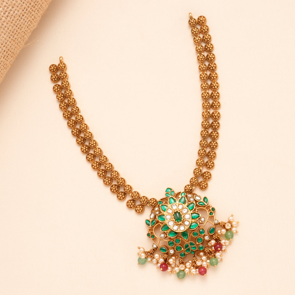 Heritage Emerald with Multi Colour Bead Drops Golden Necklace