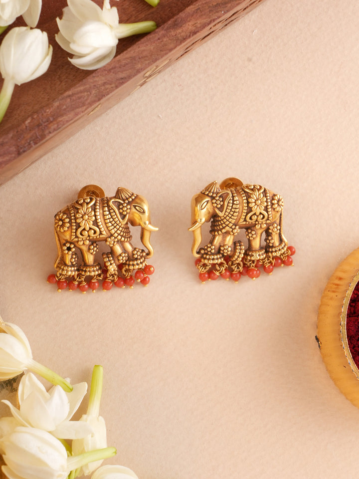 Antique Gold Elephant Earrings with Coral