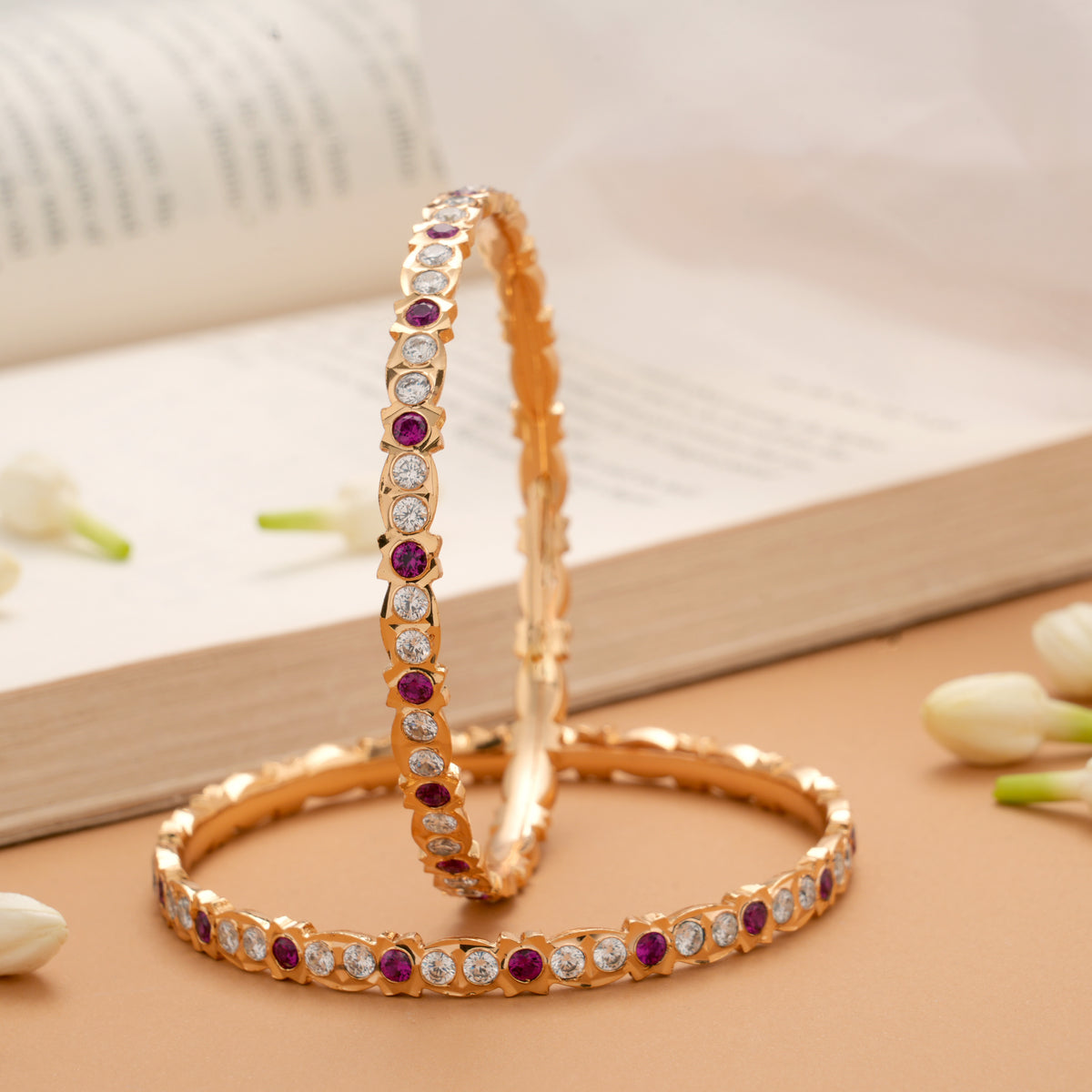 Elegant Ruby and White Stone Golden Bangles