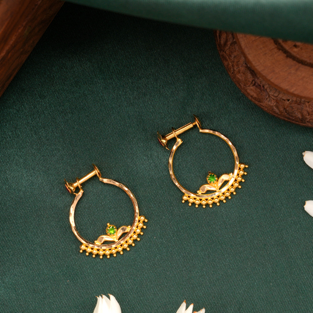 Gold Valayam Hoop with Green Stone Stud