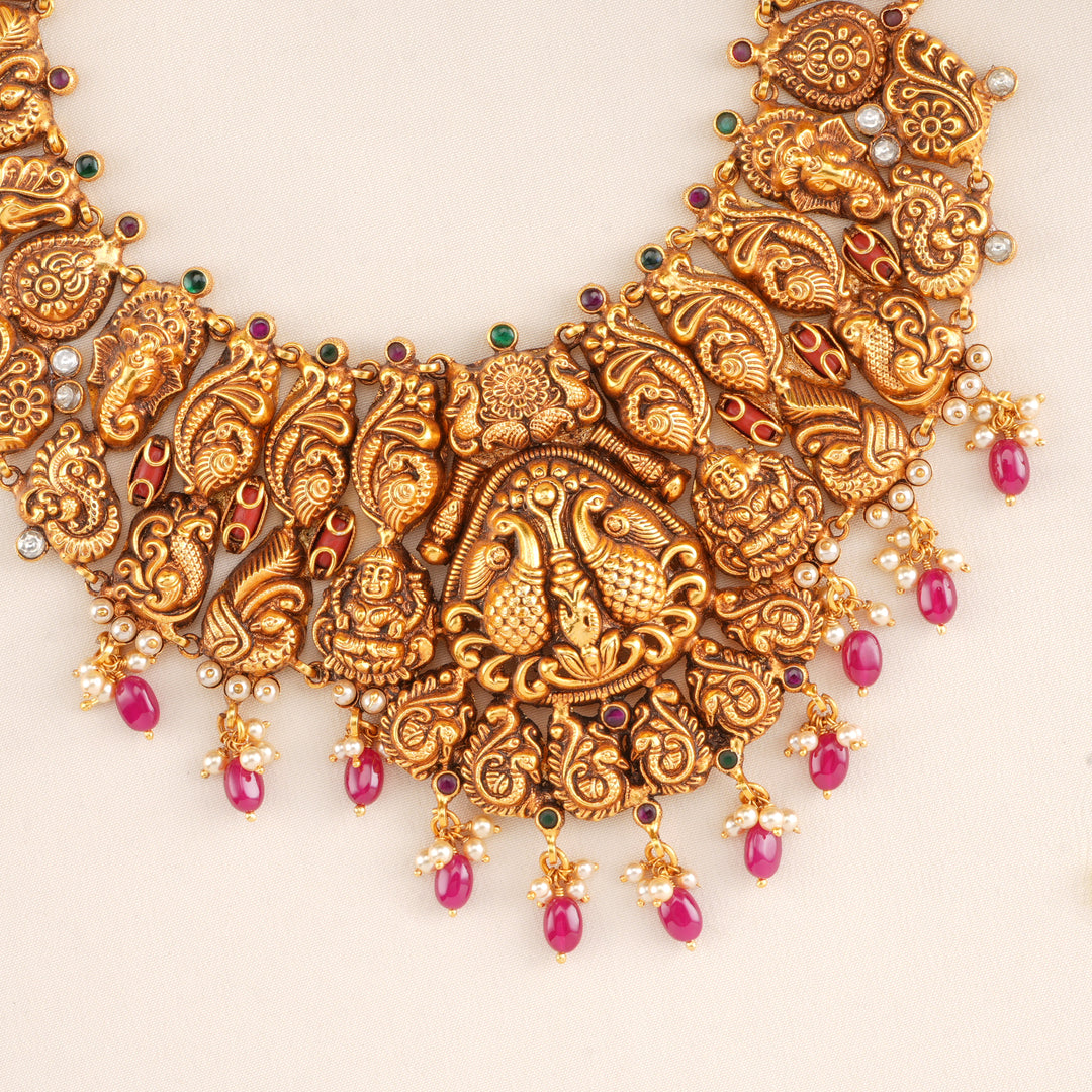 Peacock Nagas Gold Plated Ruby Drops Necklace