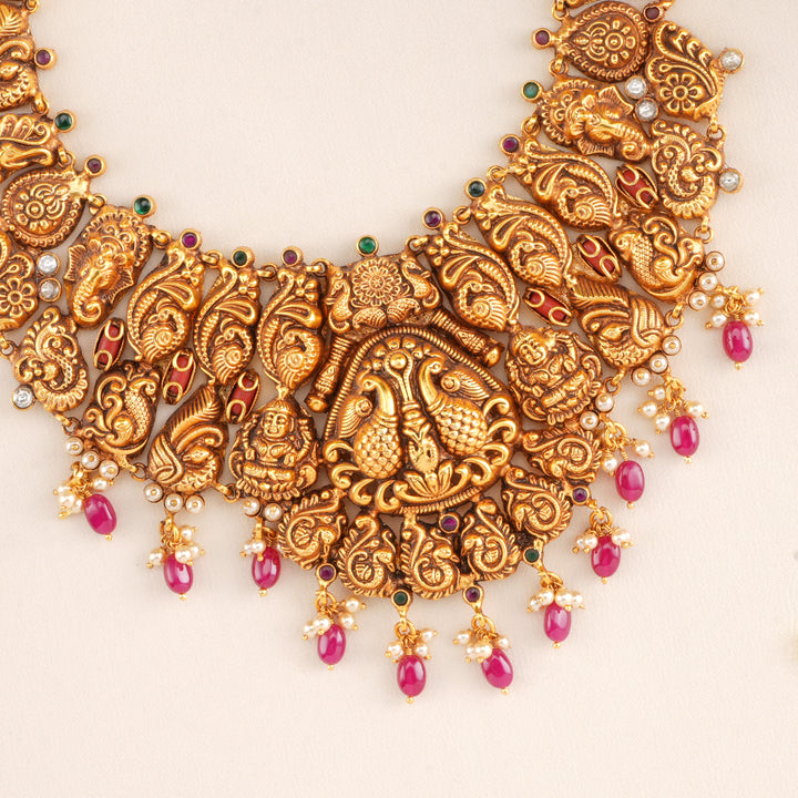 Peacock Nagas Gold Plated Ruby Drops Necklace