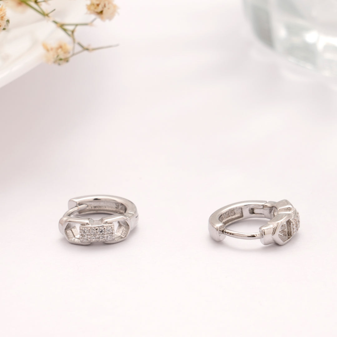 Rectangular Shape Link Stone Silver Hoop Earring