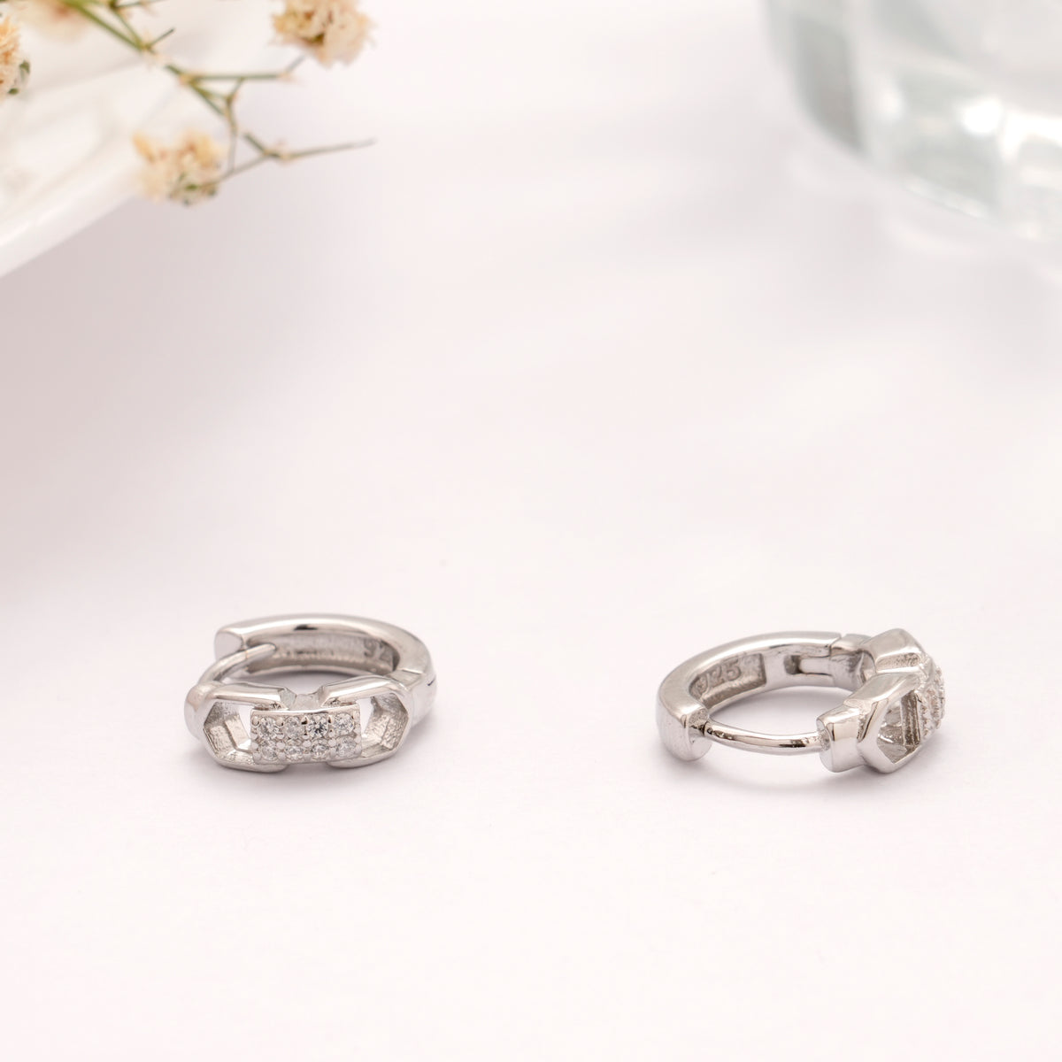 Rectangular Shape Link Stone Silver Hoop Earring