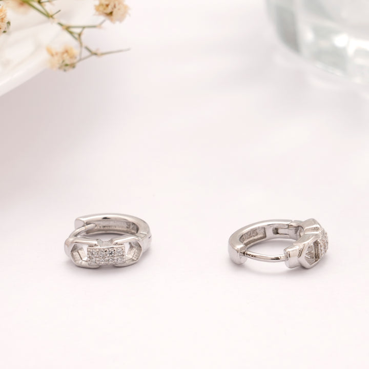 Rectangular Shape Link Stone Silver Hoop Earring