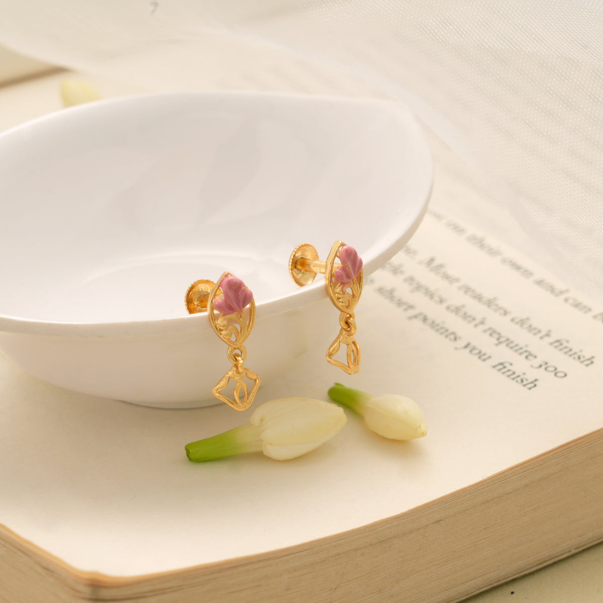 Minimal Pink Floral Design Golden Earring