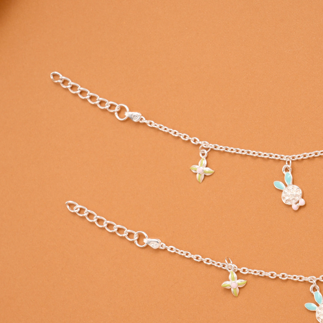 Cute Bunny and Floral Silver Baby Anklets