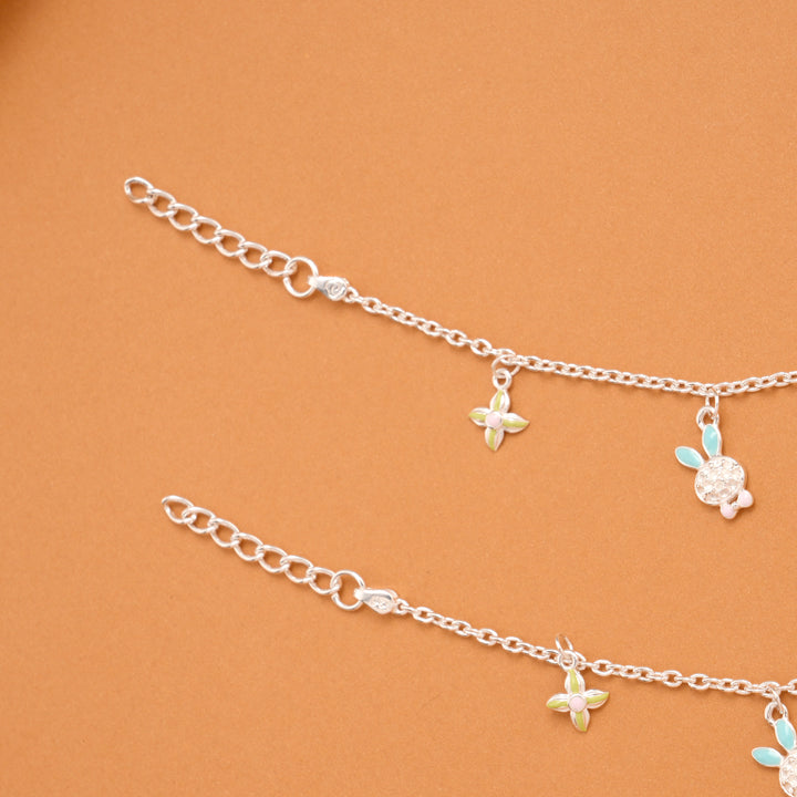 Cute Bunny and Floral Silver Baby Anklets