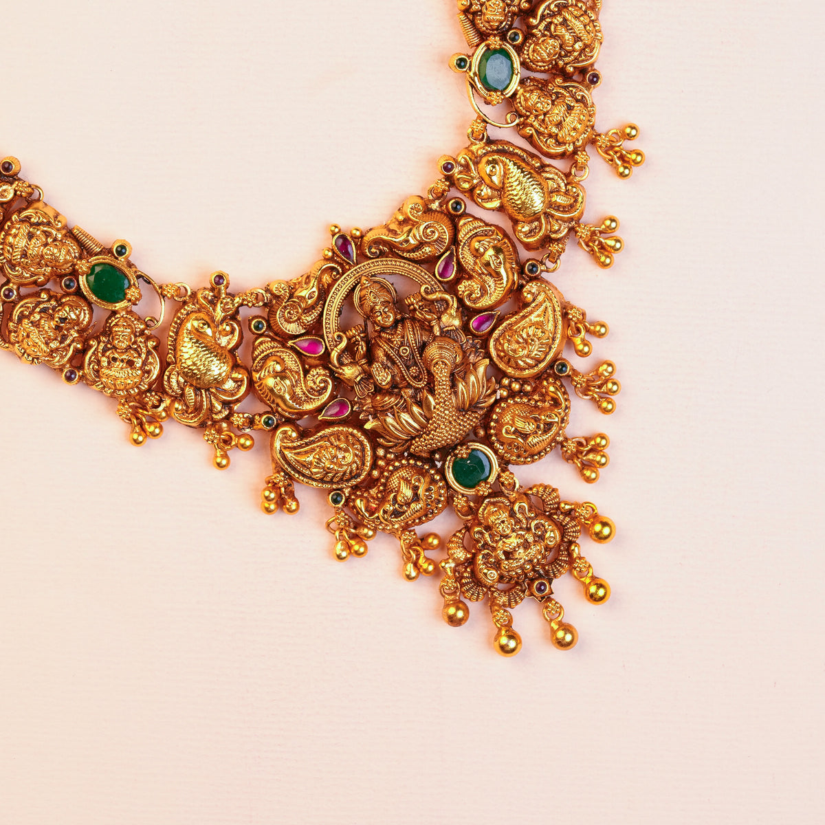 Silver Lakshmi Lotus Temple Haram with Mango Motifs and Gold Ball Drops