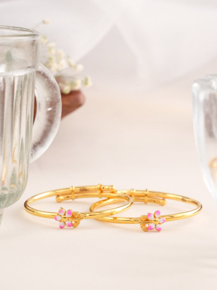 Elegant Pink Flower Adjustable Gold Bangle