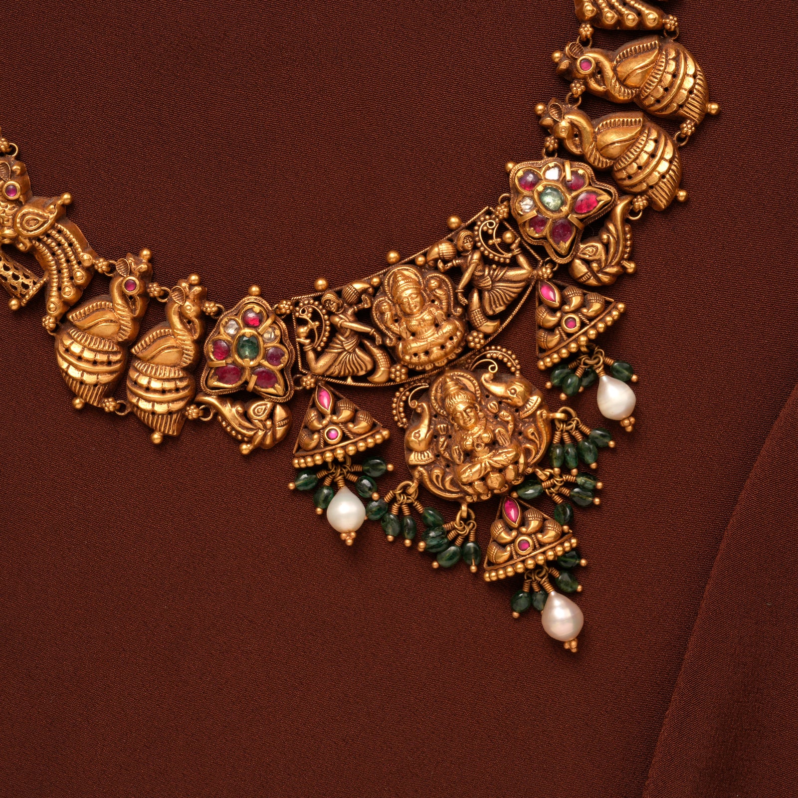 Goddess Gold Lakshmi with Emerald Beads Necklace