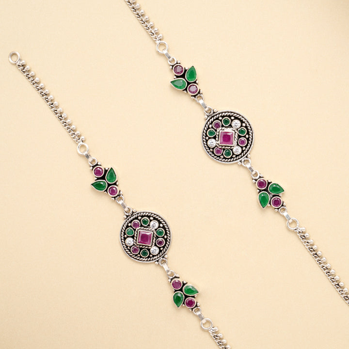 Ruby Emerald Medallion Antique Silver Anklet