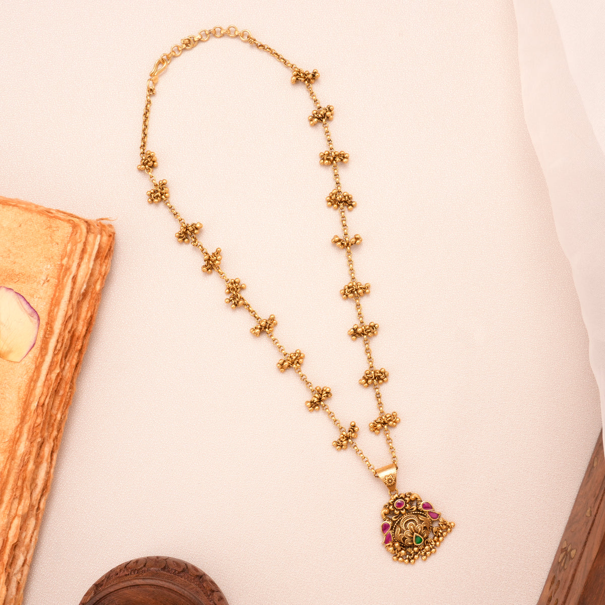 Traditional Dual Peacock Golden Pendant Necklace Set