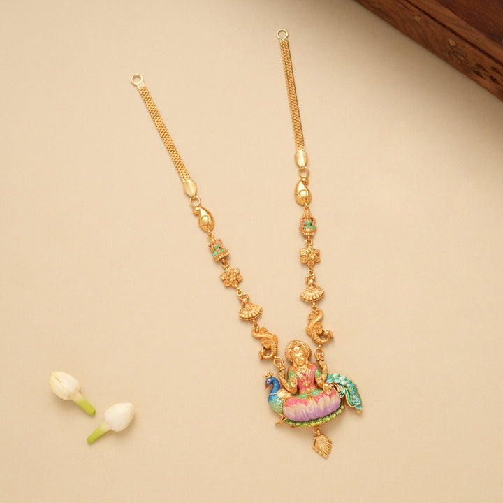 Devotional Lotus Lakshmi Peacock Golden Necklace Set