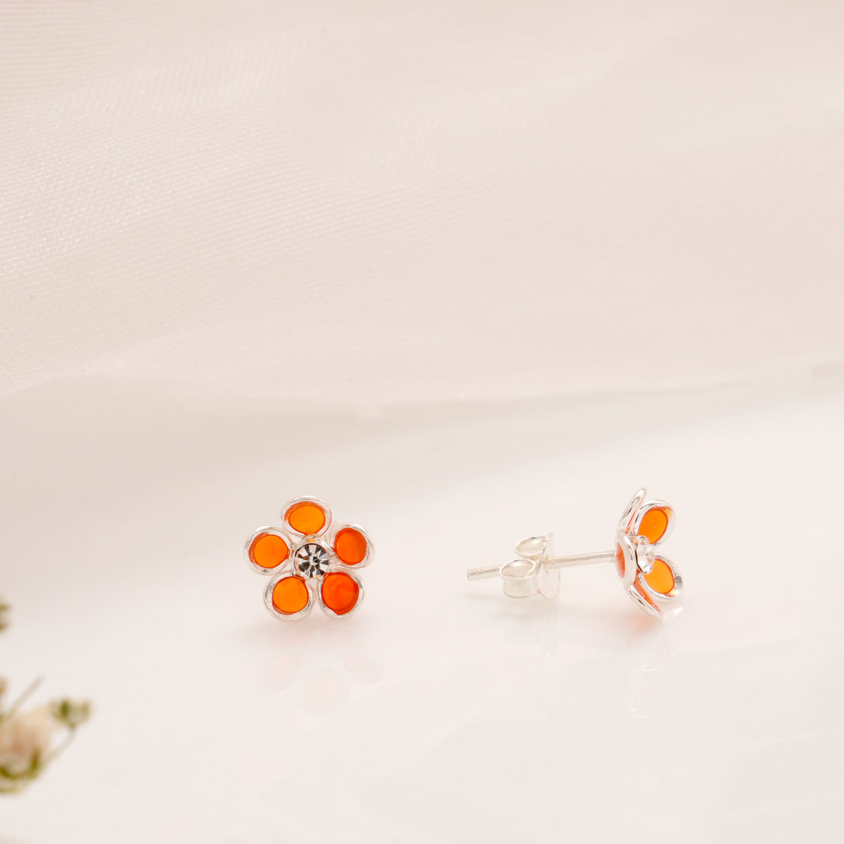 Orange Enamel Floral Silver Stud
