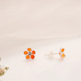 Orange Enamel Floral Silver Stud