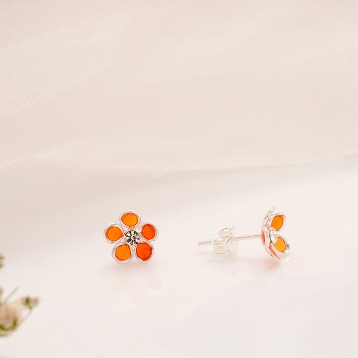 Orange Enamel Floral Silver Stud