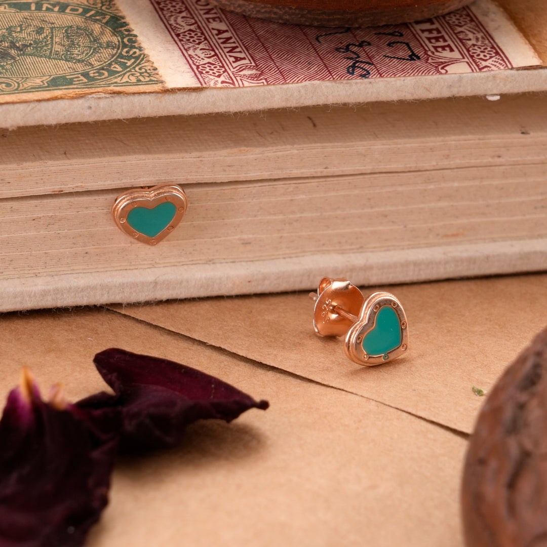 Blue Enamel Heart Silver Rose Gold Stud