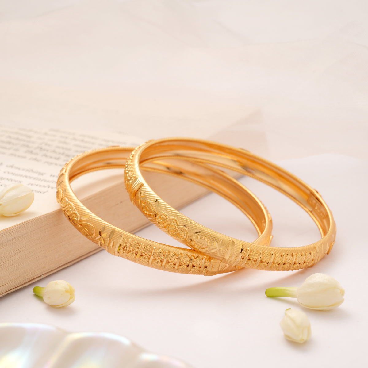Traditional Leaf Design Engraved Golden Bangles